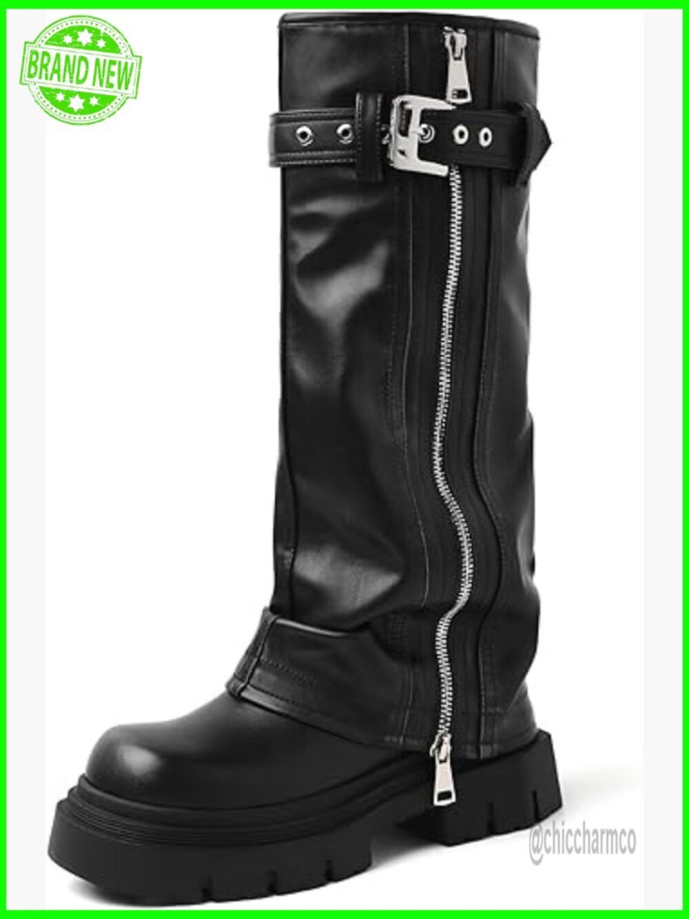 Square Toe Chunky Heel Platform Knee High Moto Boots with Buckle Zip